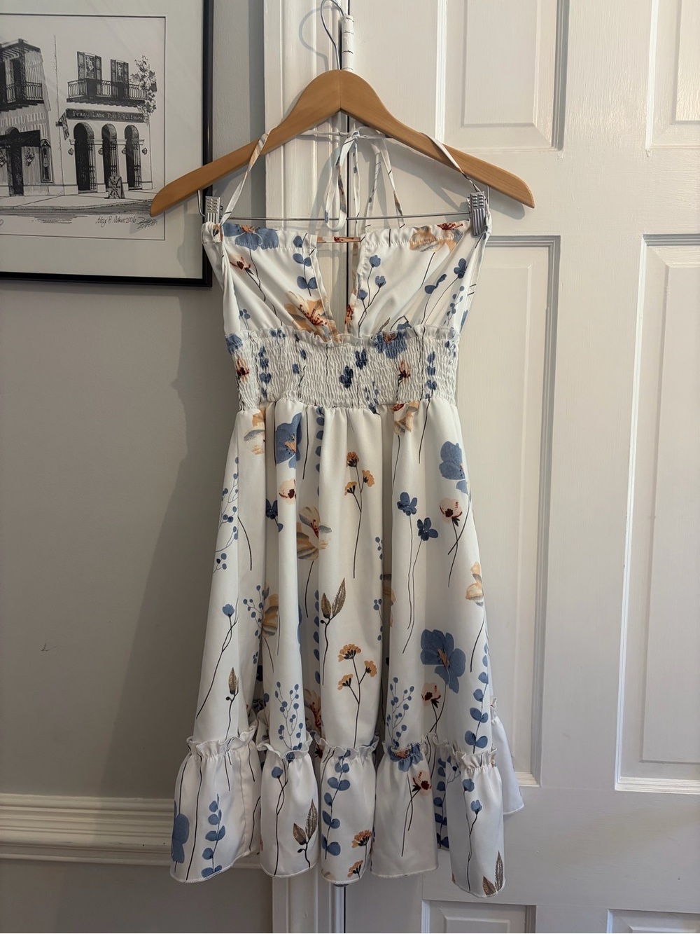White Floral Smocked Sundress with Blue and Tan Flowers